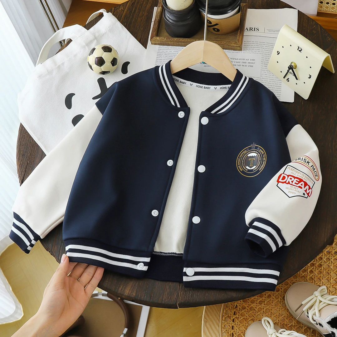【现货】儿童加绒外套男女童秋冬衣服字母夹克宝宝保暖棒球服外套