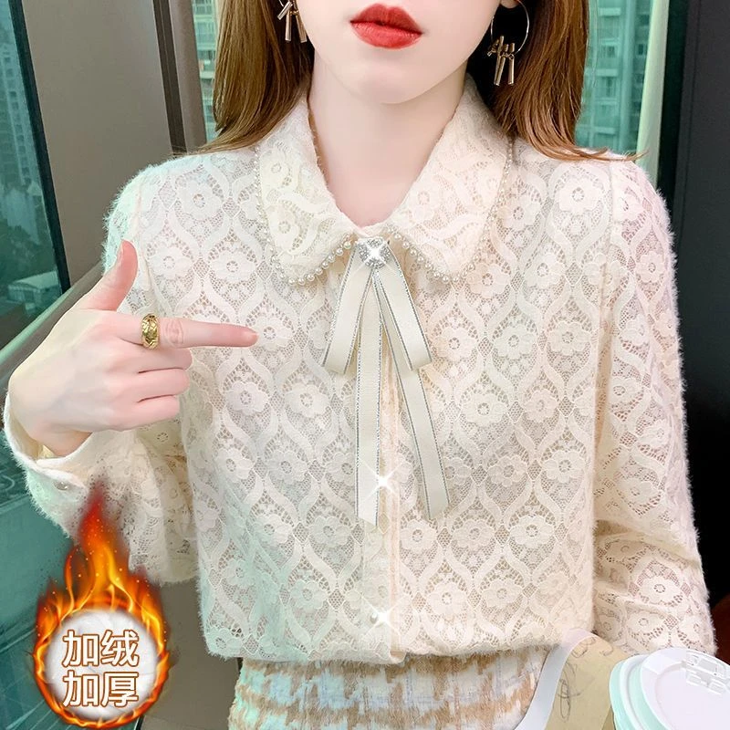 衬衫女2024春装新款娃娃领女装蕾丝打底衫显瘦百搭修身洋气质上衣