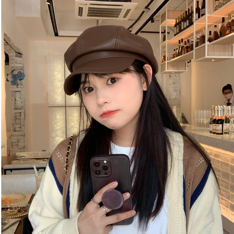 网红秋冬黑色皮质英伦ins八角画家贝雷帽复古百搭日系休闲报童帽