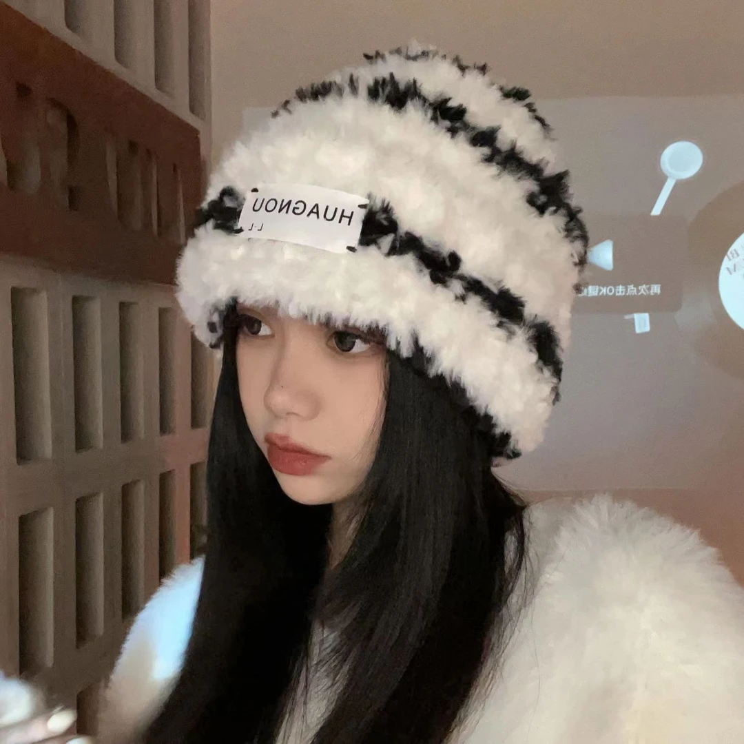 秋冬新款韩版ins风条纹显脸小毛绒绒保暖毛线帽大头围护耳堆堆帽