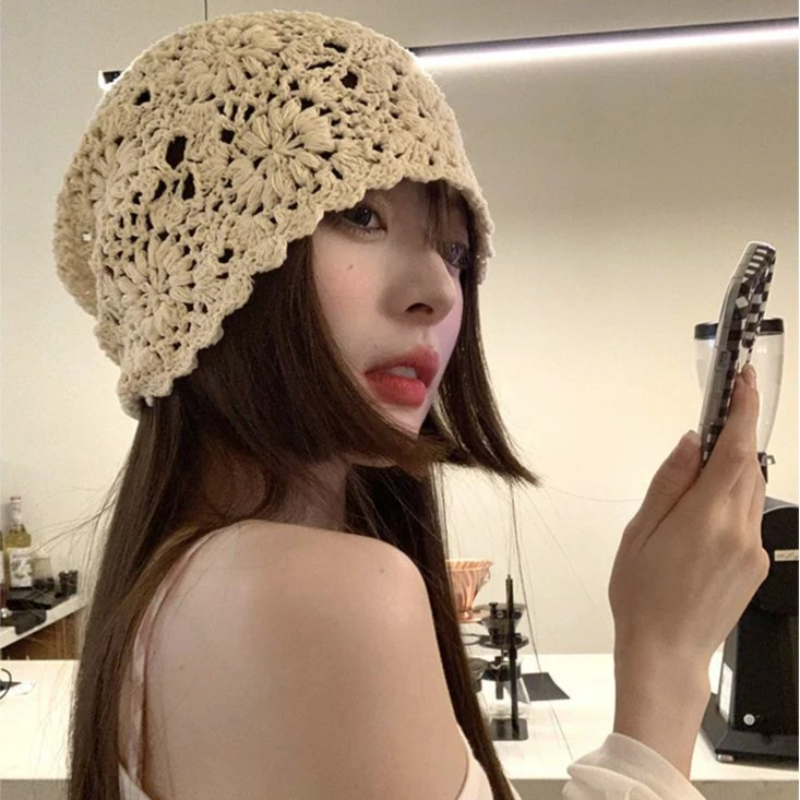 手工编织包头帽子女薄款镂空毛线帽复古文艺休闲针织帽堆堆帽百搭