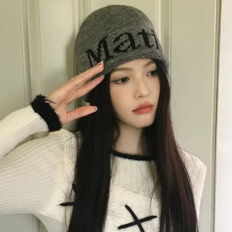 韩系ins风字母毛线帽女秋冬百搭显脸小冷帽大头围护耳保暖针织帽