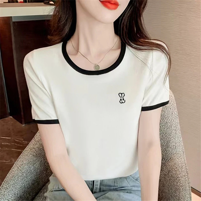 莫代尔短袖T恤女夏季2023年新款圆领刺绣撞色显瘦修身短款上衣T恤