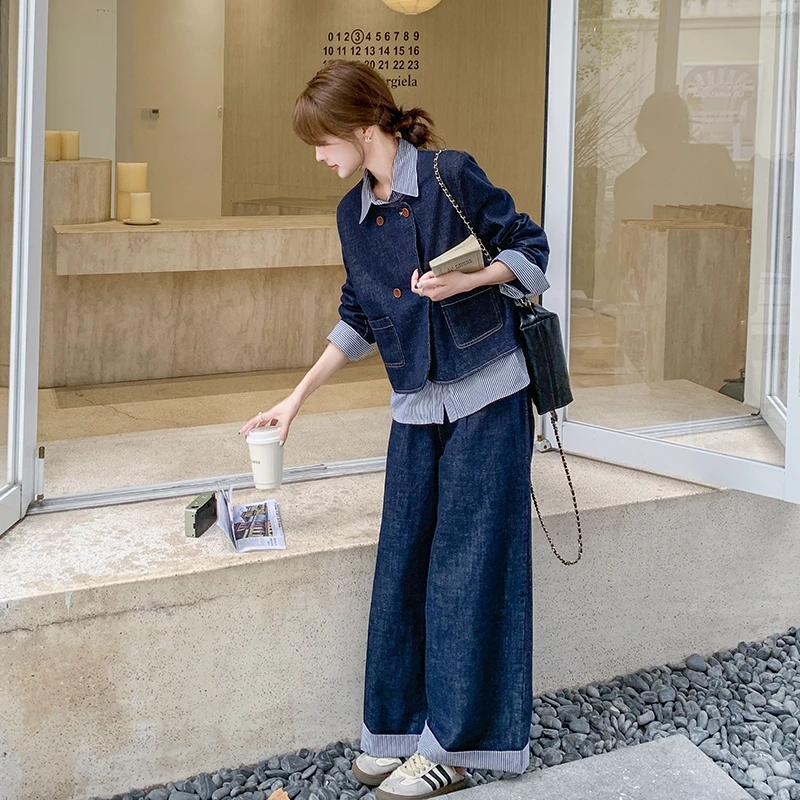 条纹衬衫领拼接牛仔套装裤女春秋2024年盐系炸街小众阔腿裤两件套