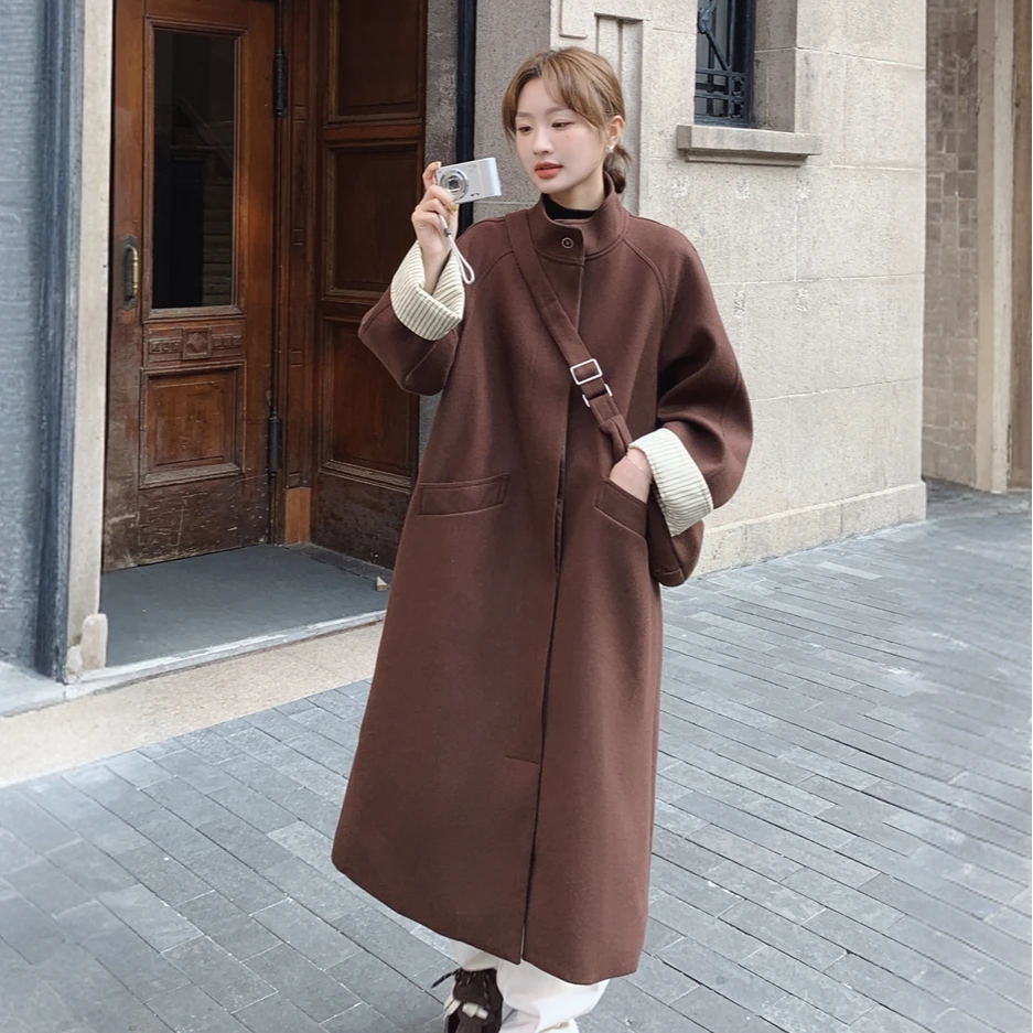 红咖色中长款夹棉毛呢外套女秋冬2024新款加棉加厚呢大衣爆款流行