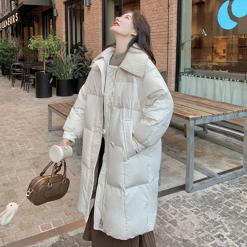 针织拼接大翻领羽绒服女2023冬季新款韩版加厚中长款90白鸭绒外套