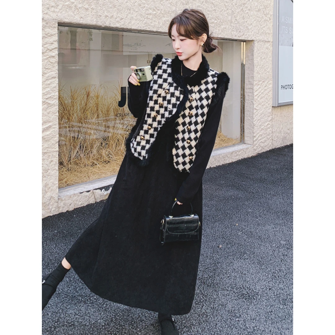 千鸟格小香风套装裙女秋冬2024新款法式温柔风针织连衣裙两件套