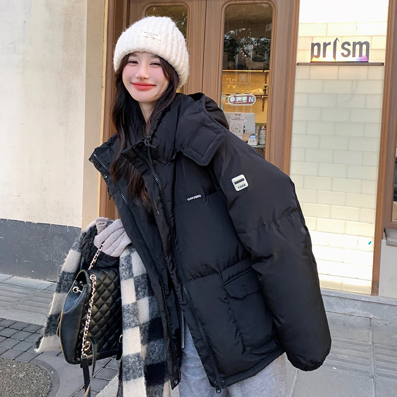 黑色连帽羽绒服女2023冬季新款韩版宽松高级感炸街加厚面包服外套