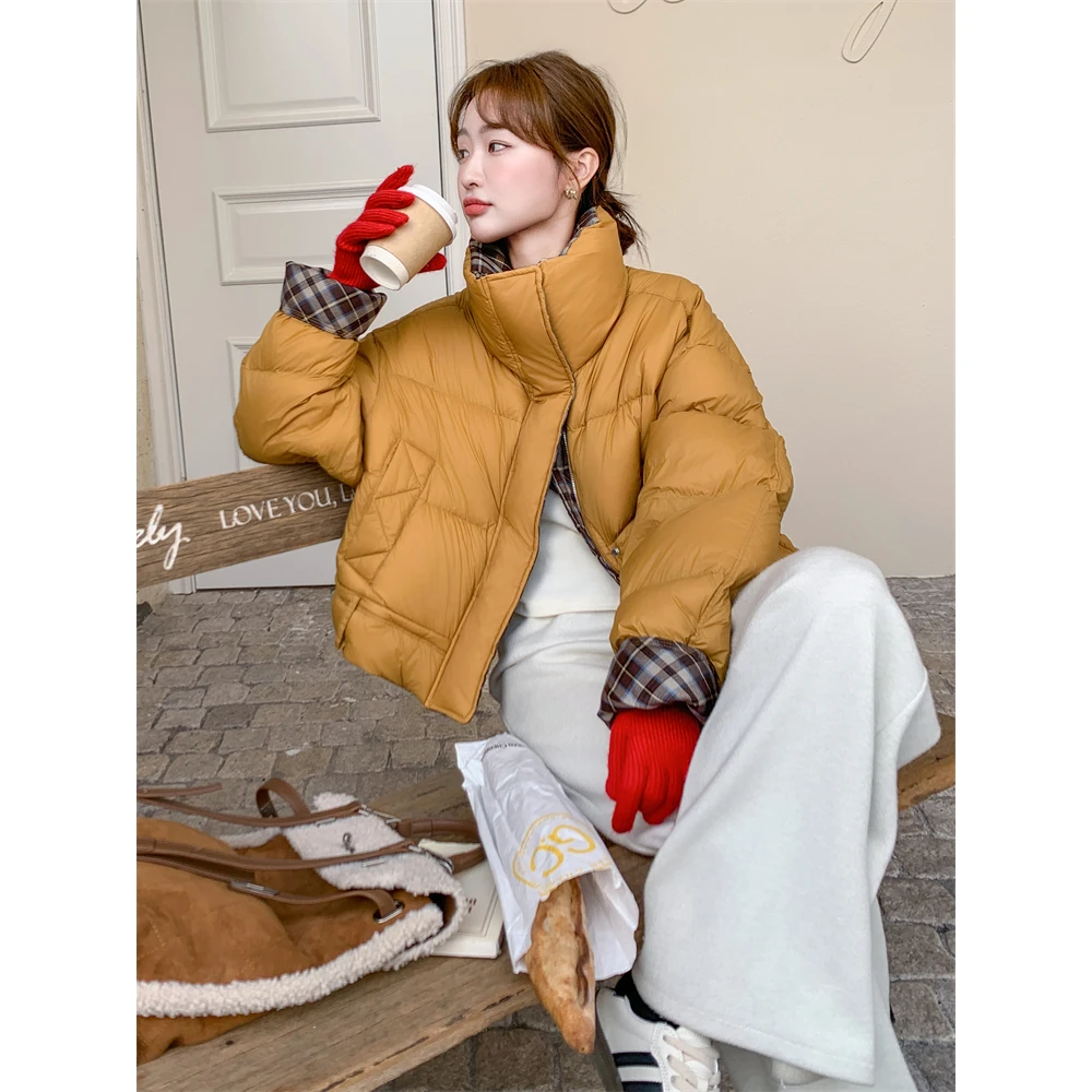 格子拼接姜黄色羽绒服女冬季2024新款短款韩系短款小个子面包服