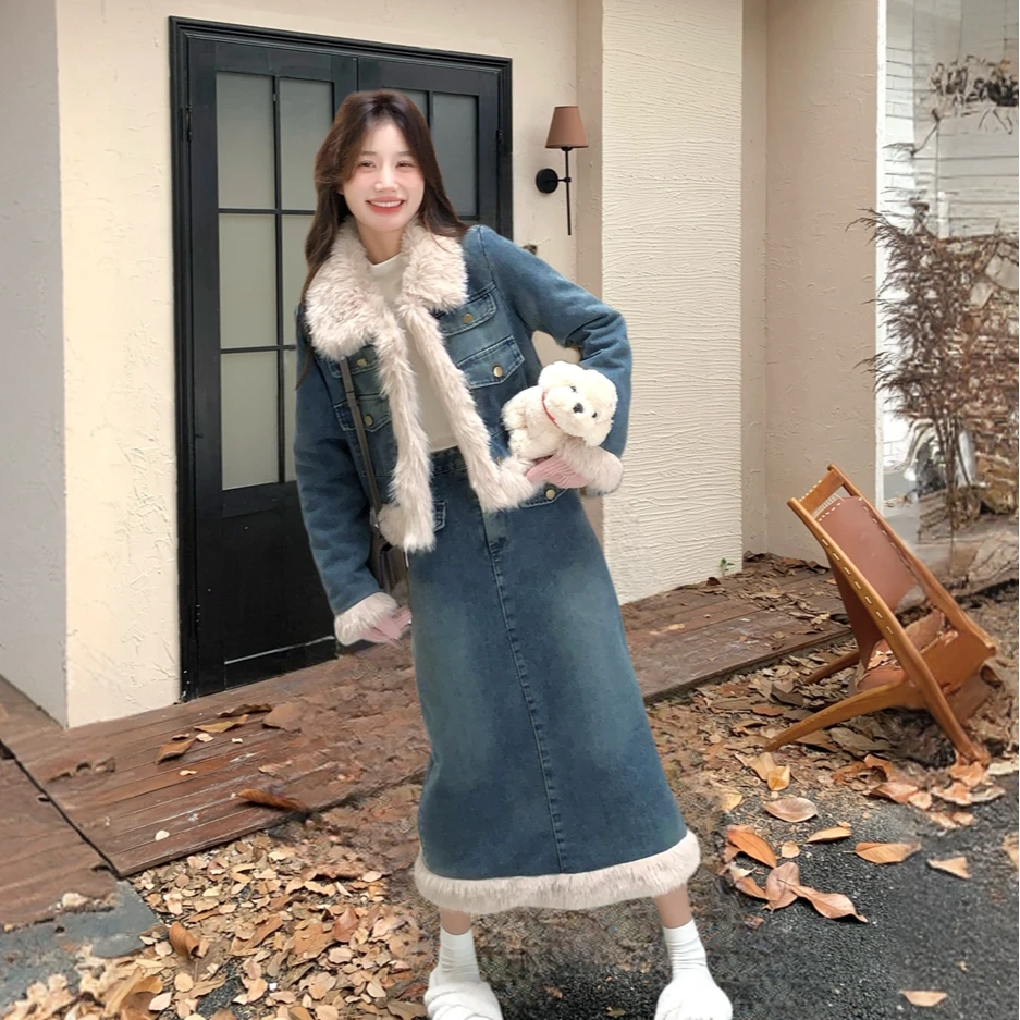 羊羔毛拼接牛仔套装裙女秋冬2024新款高级感半身裙两件套韩系超火