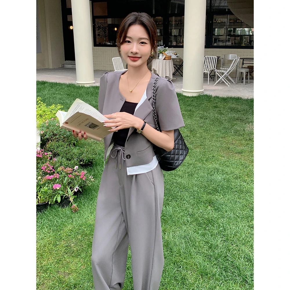 盐系轻熟短袖西装阔腿裤套装两件套女夏2024新款高级感时尚洋气