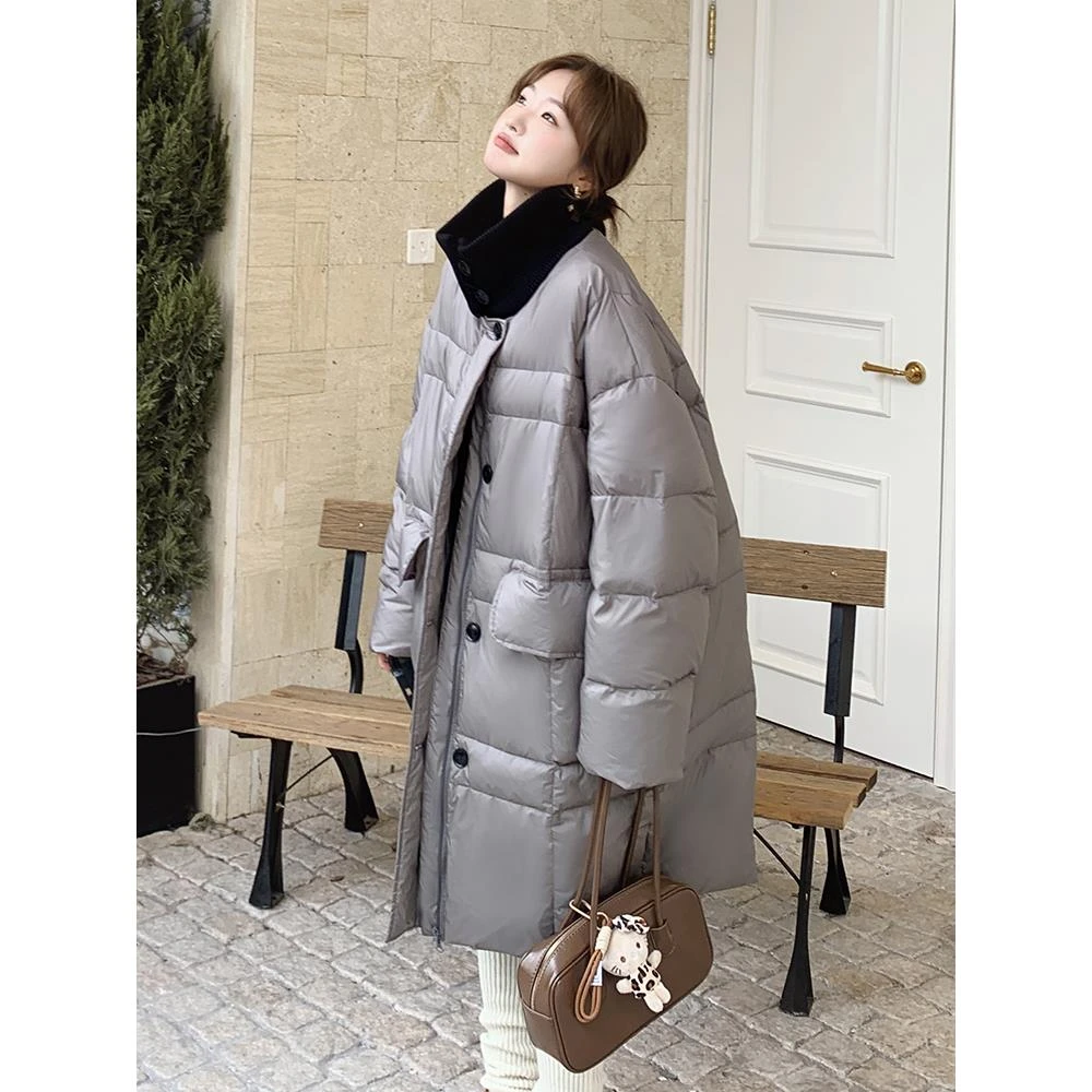 灰色休闲高级感羽绒服女冬季2024年新款韩版中长款宽松大码学院风