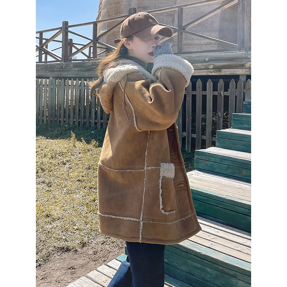 皮毛一体皮绒羊羔毛棉服外套女秋冬2024年新款加厚连帽韩系高级感