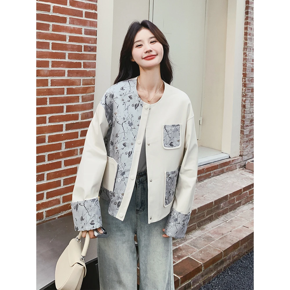 新中式国风碎花拼接皮衣外套女春秋今年流行时髦洋气pu皮夹克上衣