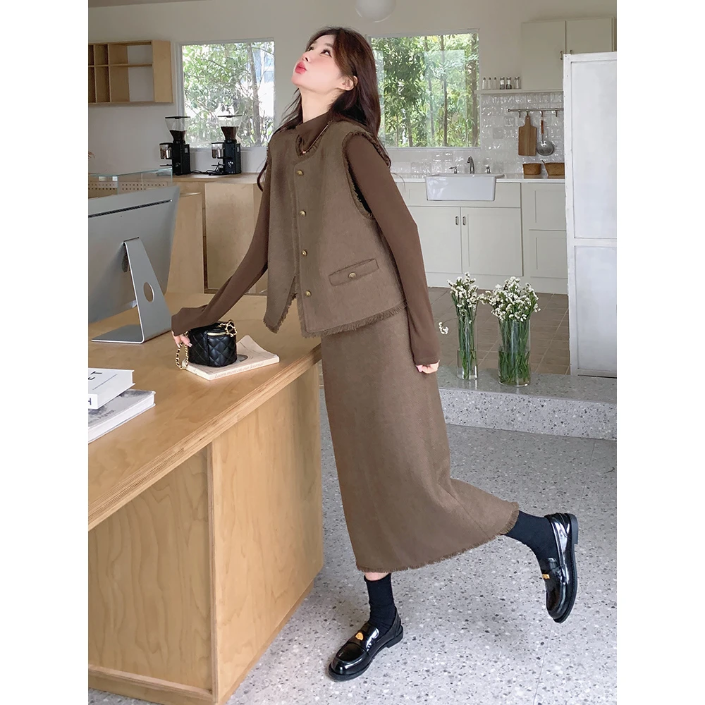 高级感复古御姐气质休闲套装女2024春秋新款时尚马甲半身裙三件套