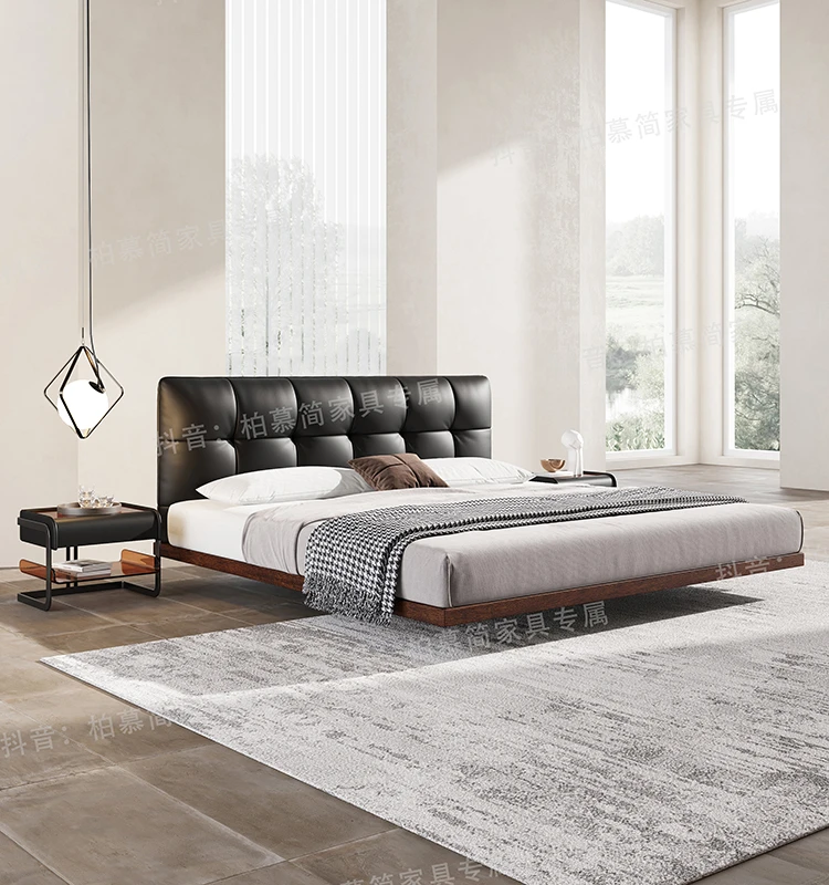 中古风白蜡木华夫格真皮床复古意式极简黑色简约悬浮中古风床