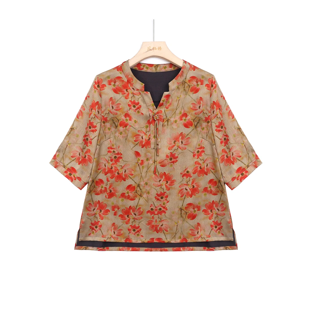 凤栖梧高定92桑蚕丝2024新款衬衫V领五分袖印花上衣FB24032102