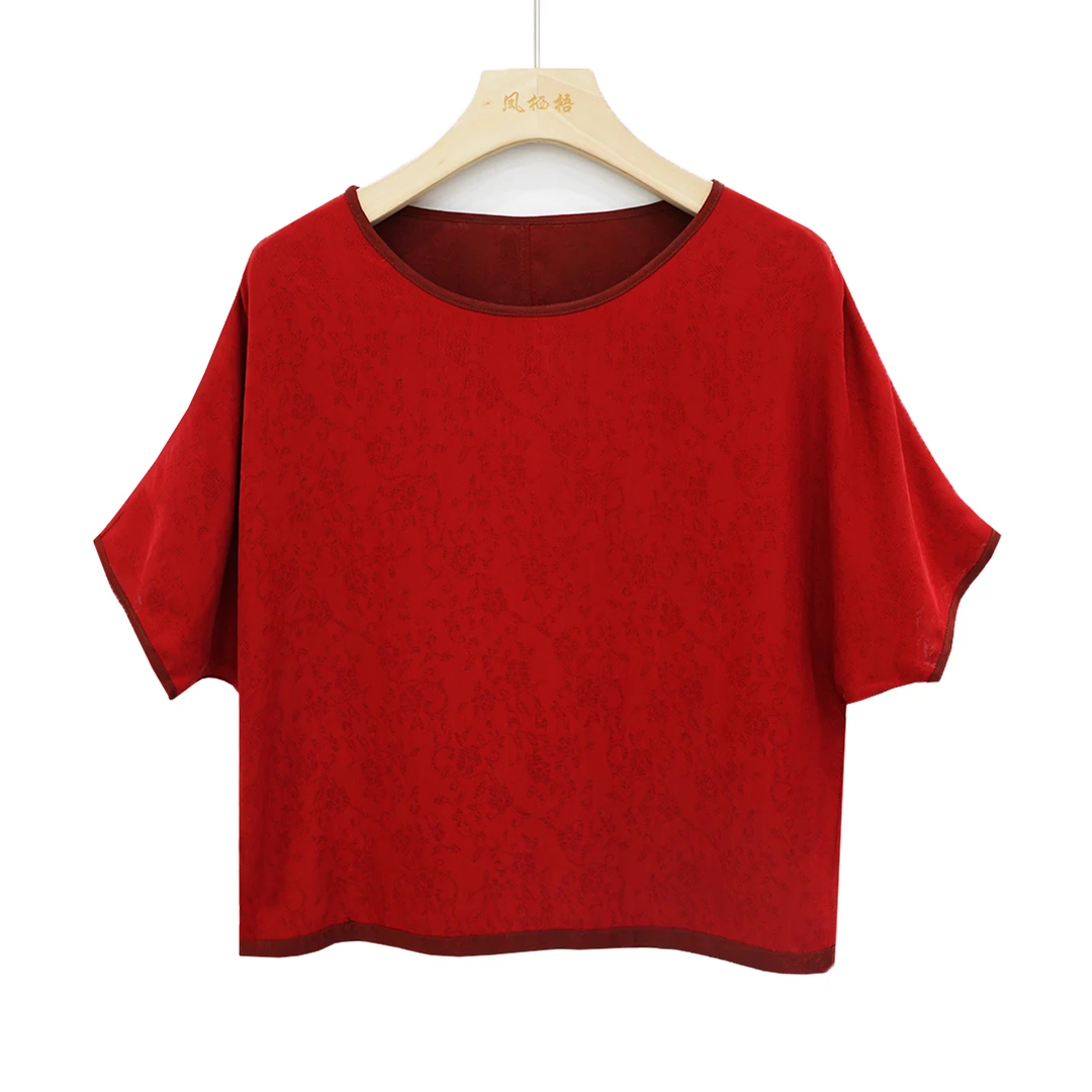 凤栖梧高定香云纱花罗双面穿红绿圆领短袖上衣 FB23504X2