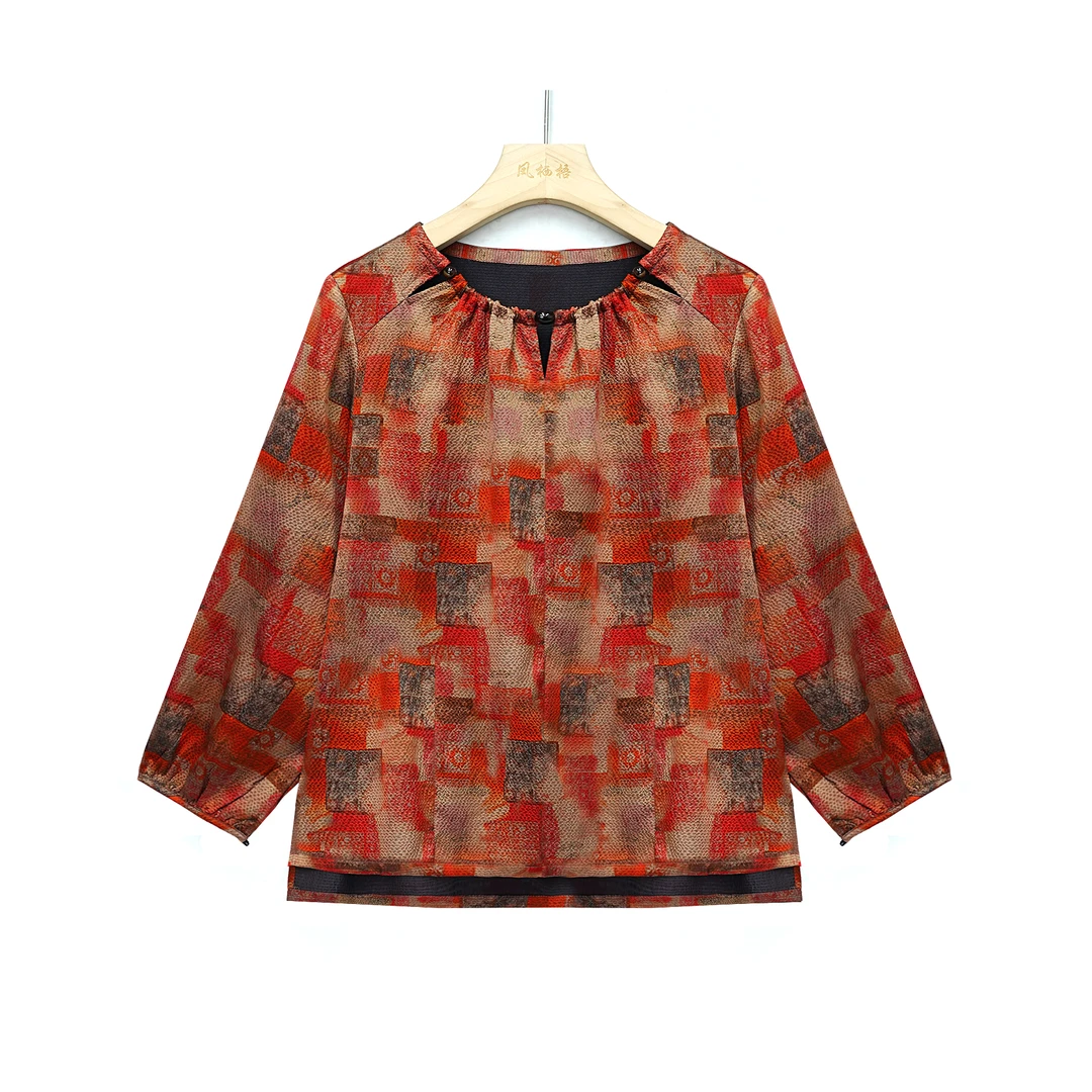 92%桑蚕丝红色百搭上新圆领长袖提花上衣FB24082402