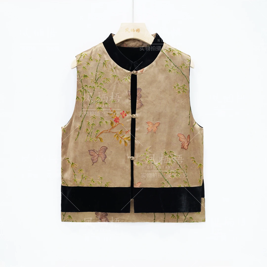 凤栖梧高定桑蚕丝香云纱黑色双面穿国风丝绒马甲上衣FB231104S1