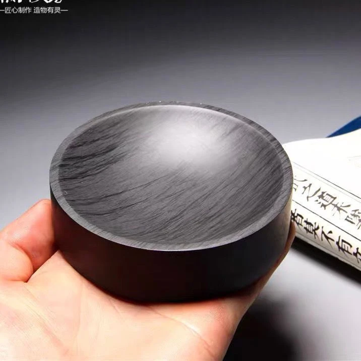 原石带盖素心砚台可研磨墨圆形罗纹歙砚初级儿童学习书法初学多用