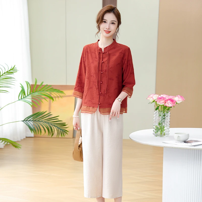时尚新中式妈妈夏装2025新款中老年女半袖衬衫国风洋气宽松两件套