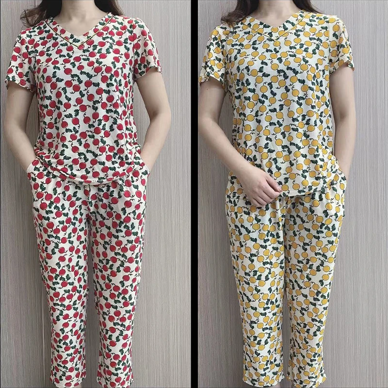 夏季时尚妈妈装大码显瘦冰丝套装洋气中老年女v领印花宽松两件套