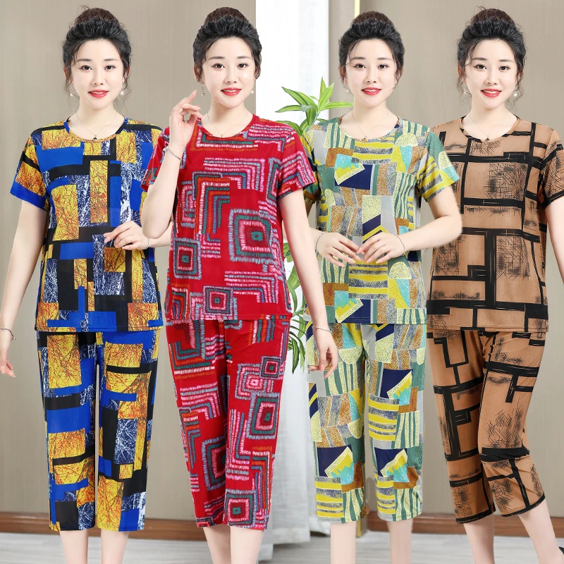 新款时尚妈妈装大码显瘦冰丝套装老年人中老年女装印花薄款两件套