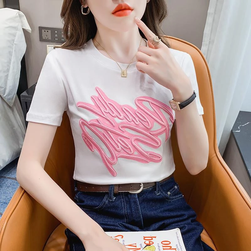 夏季韩版重工艺字母刺绣喷绘短款修身短袖百搭辣妹风T恤洋气圆领