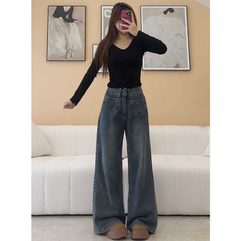 2025早秋新款复古深蓝阔腿牛仔裤女宽松百搭高腰显高显瘦拖地裤