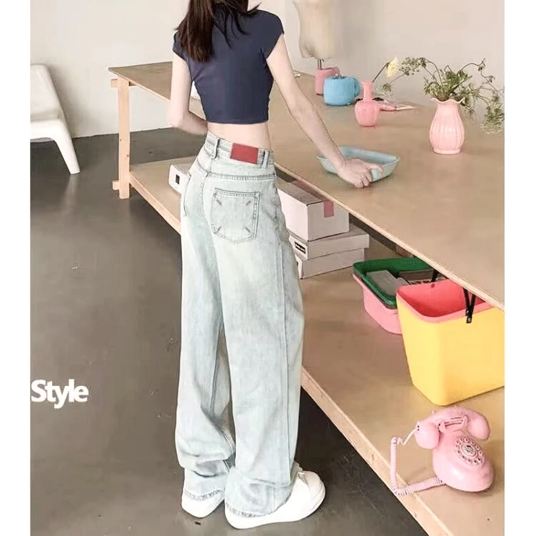 冰川蓝柔软面料超做旧显瘦刺绣款夏季新款百搭直筒牛仔裤子