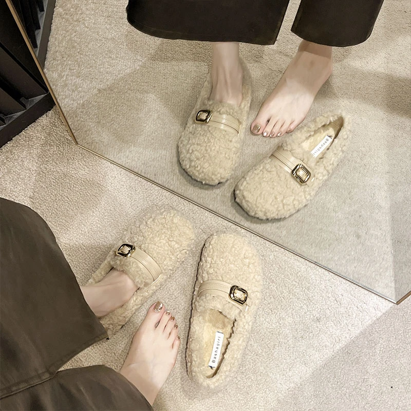 羊羔毛毛鞋女外穿2024新款秋冬季一脚蹬女鞋子加绒保暖棉鞋豆豆鞋