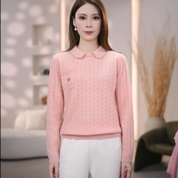 麻花翻领毛衣女秋季新款口袋设计气质时尚洋气百搭刺绣针织衫上衣