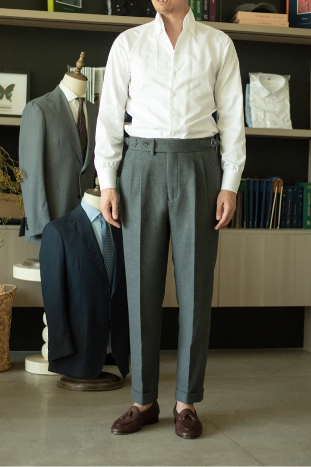 冬款 重磅那不勒斯西裤 烟灰色毛呢保暖休闲西裤 男