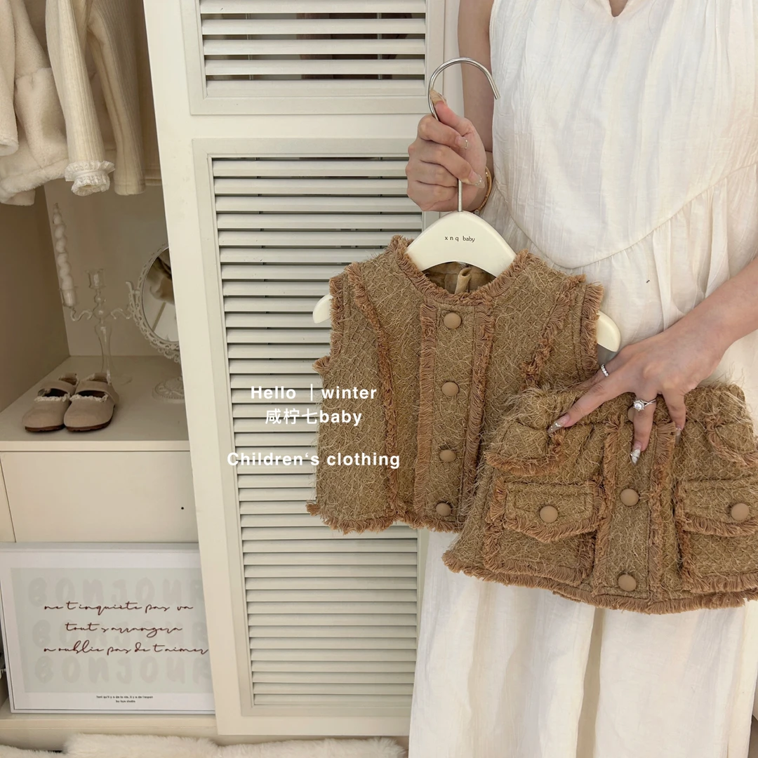 女童小香风套装秋冬2024新款洋气儿童马甲短裙女孩网红加绒两件套