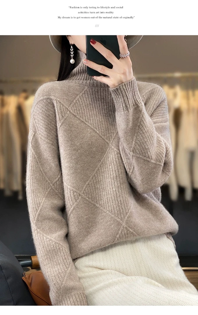 宽松重工女羊毛衫套头毛衣针织宽松加厚上衣菱形打底衫半高领韩版