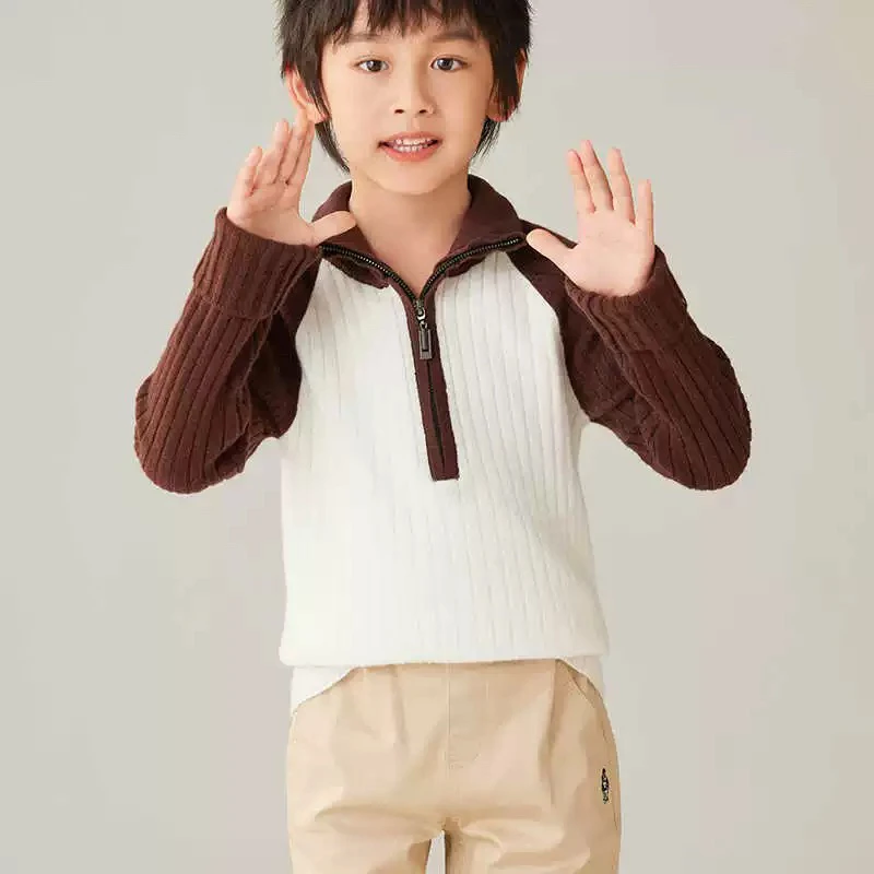 羊毛衫男女童秋装针织衫儿童撞色毛衣套头插肩袖洋气Polo领上衣