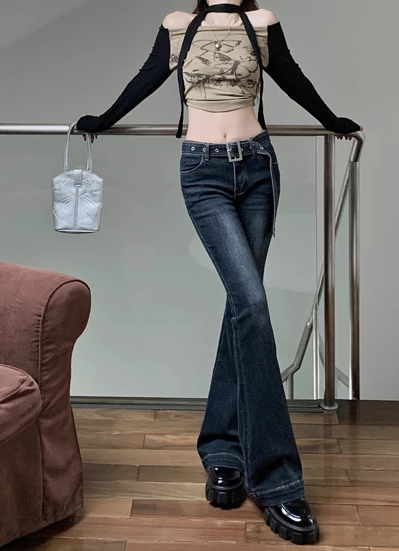 紧身喇叭裤牛仔裤女复古港风垂感加长设计感修身超级显瘦低腰弹力