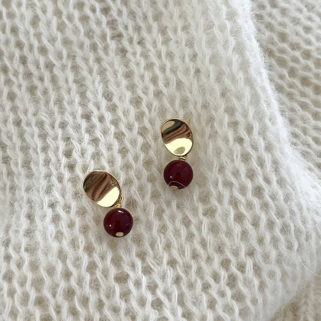 925银耳饰 韩ins风时尚百搭气质简约  凹片红珠耳钉复古法式小众