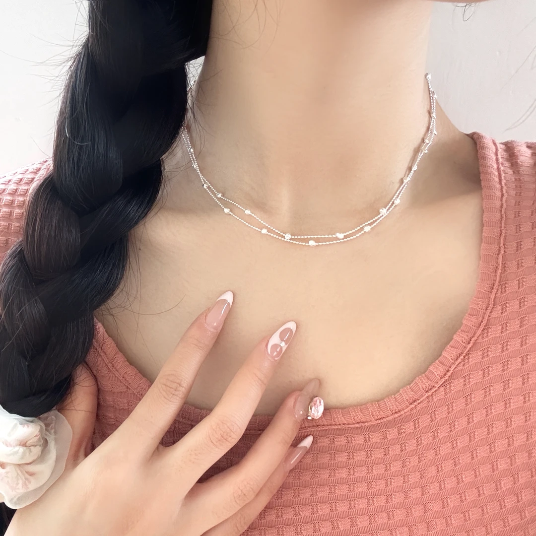 坠链均925银 韩ins风时尚百搭气质简约双层方块素款手工小众轻奢