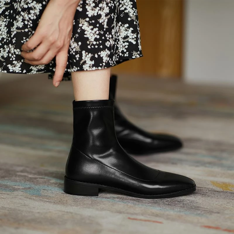朴素 气质瘦瘦弹力靴侧拉链平底短靴女马丁靴子显瘦英伦风秋冬