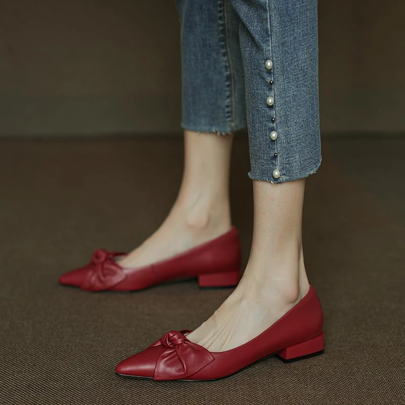 手工真皮~气质百搭~法式尖头低跟平底鞋显瘦蝴蝶结红色浅口单鞋女