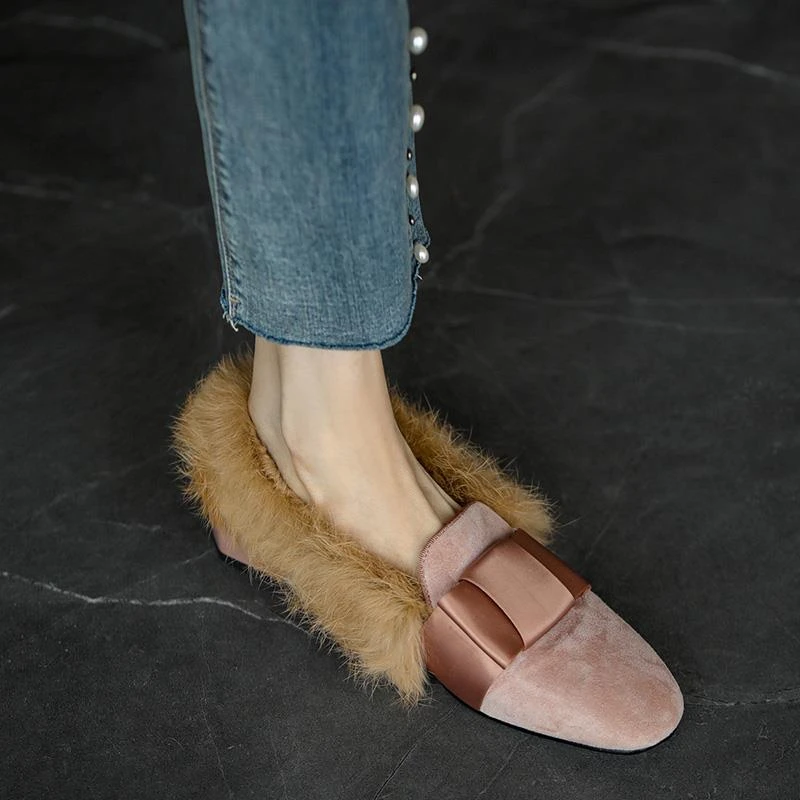 手工真皮~保暖真毛！平跟单鞋女粗跟2025年新款秋冬蝴蝶结毛毛鞋