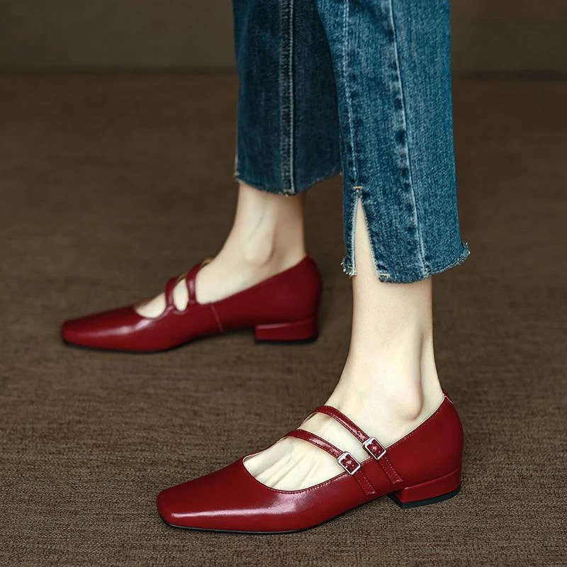 手工真皮~百搭自留~方头浅口单鞋平底女鞋一字带法式复古玛丽珍鞋