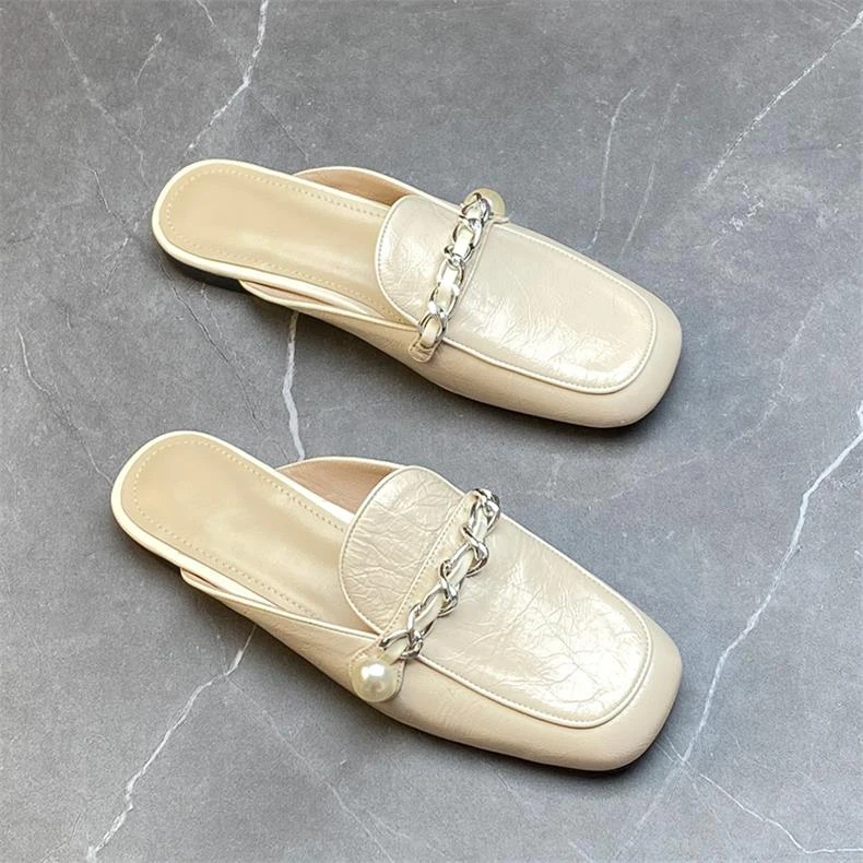 朴素 包头半拖鞋女真皮外穿2025夏季新款网红平底珍珠懒人凉拖