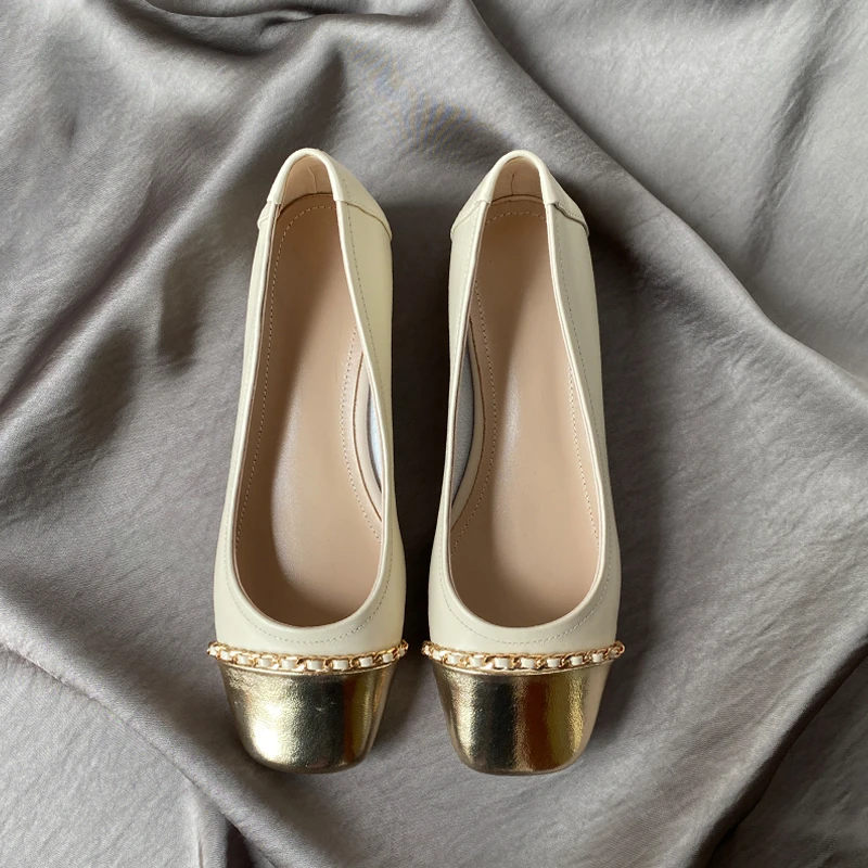 小香风拼色粗跟软底小皮鞋女2025新款复古真皮方头浅口低跟单鞋女