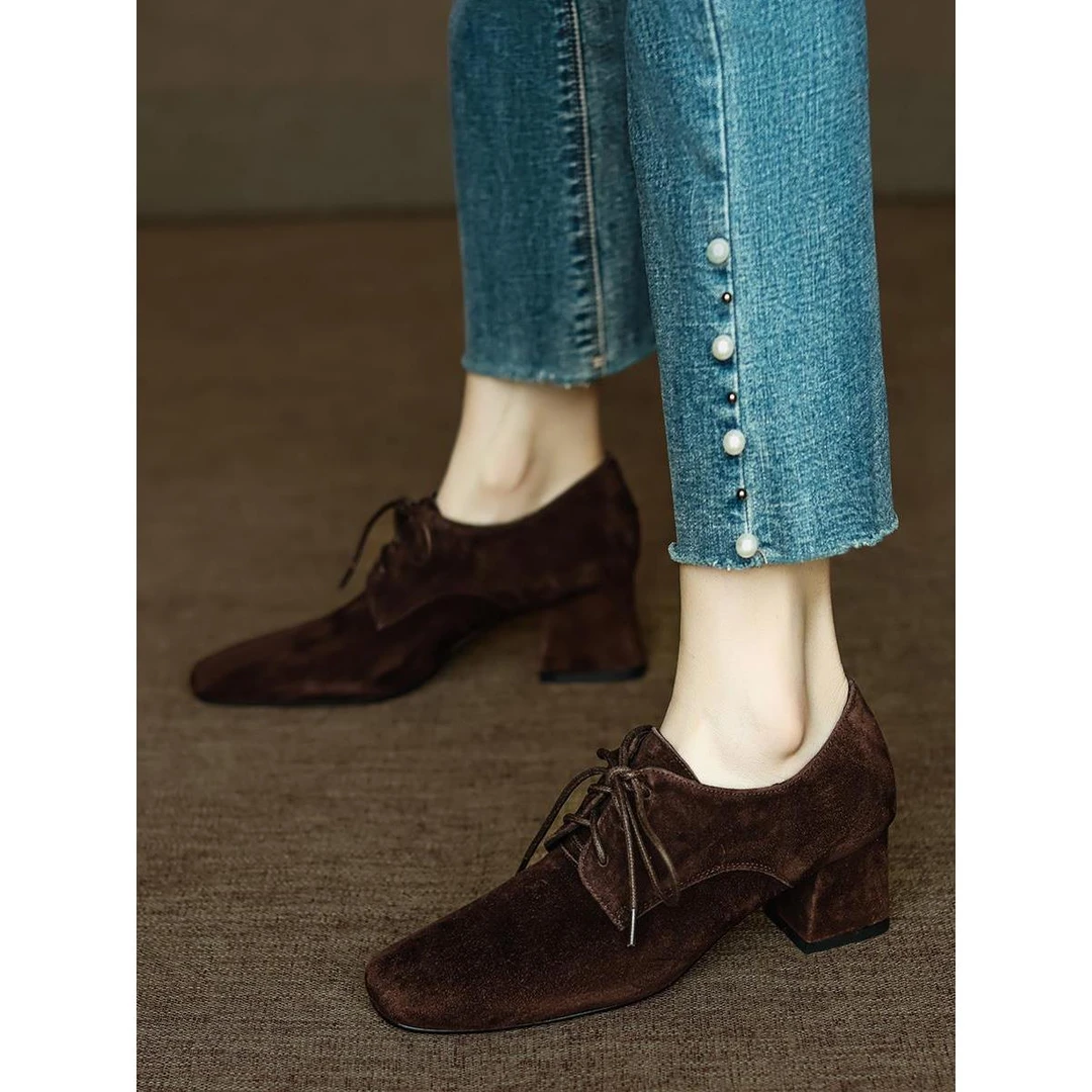 百搭真皮~博主超爱~春秋磨砂羊皮方头深口短靴单鞋高跟粗跟裸靴冬