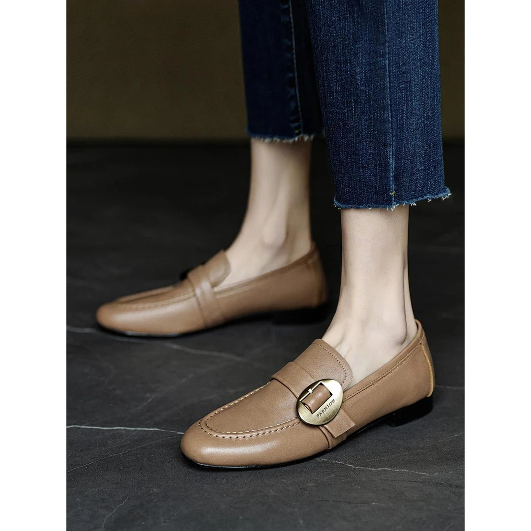 手工真皮~舒适百搭~法式复古通勤金属扣乐福鞋女平底单鞋小皮鞋春