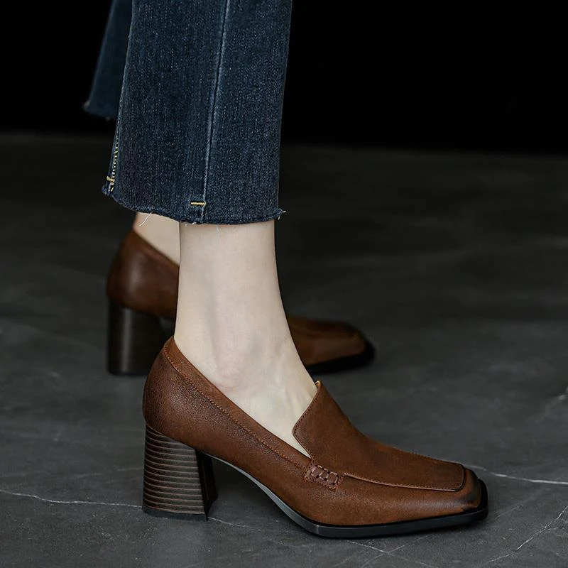 手工真皮~气质大长腿！复古高跟鞋女春秋新款粗跟单鞋方头乐福鞋