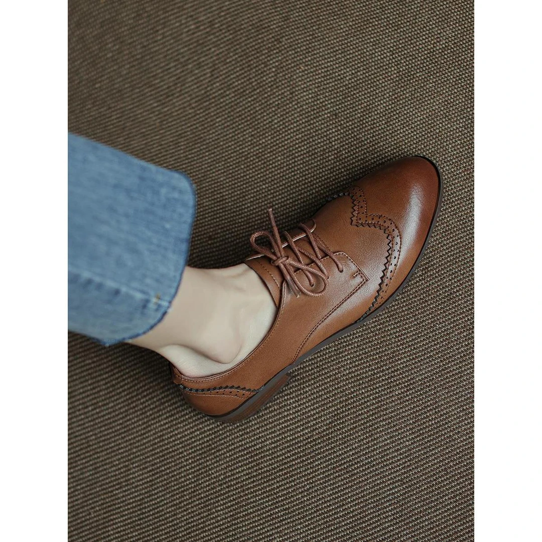 手工真皮~狠流行~布洛克小皮鞋女英伦风复古乐福鞋系带单鞋子低跟